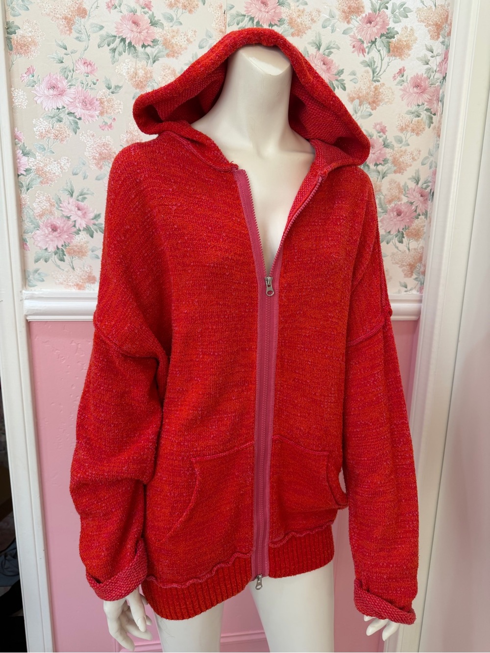 Free People Red Hooded Zip Cardigan Sweater